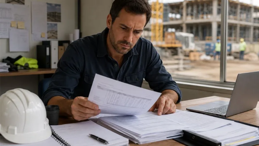 Construction contractor reviewing an unpaid progress claim and adjudication documents