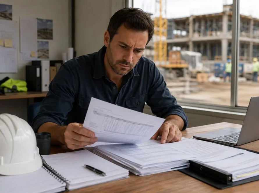 Construction contractor reviewing an unpaid progress claim and adjudication documents
