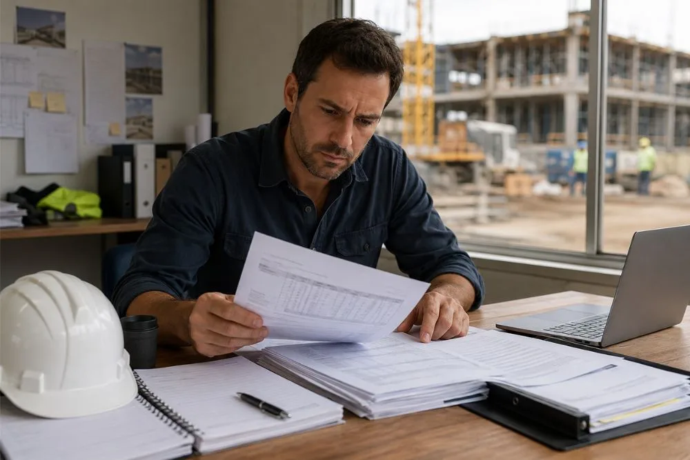 Construction contractor reviewing an unpaid progress claim and adjudication documents