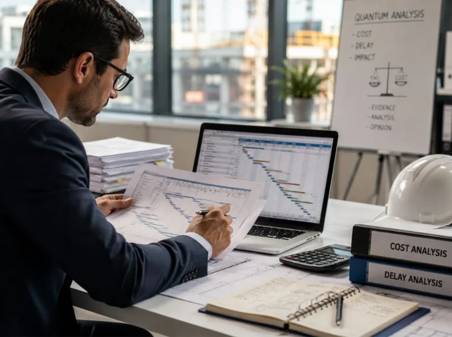 Quantum expert analysing construction cost and delay evidence for a dispute